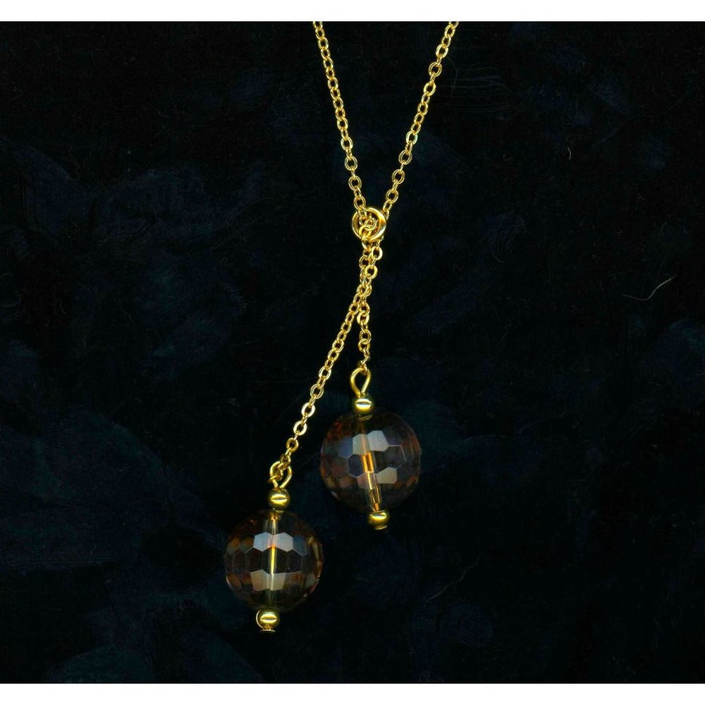 Smoky Brown Faceted Glass Beads Dangle Pendant on Gold Toned Chain NWT